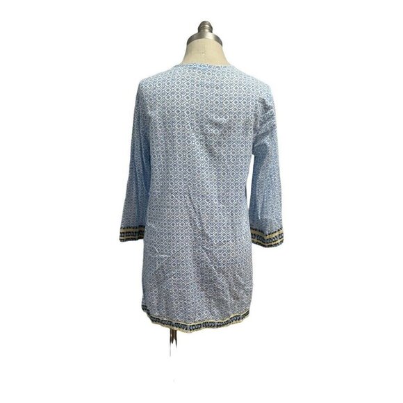 J. McLaughlin Tunic Top Small Tassel Boho Embroidered Blue White Yellow - Picture 4 of 7